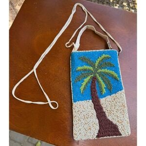 Bamboo Trading Company Crossbody Bag Women Small Blue Palm Tree Beaded Phone Bag